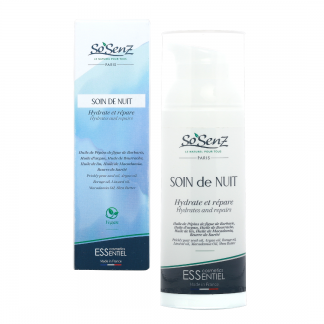 Soin de nuit sosenz 50 ml étui. Hydrate et répare. Formule vegan.